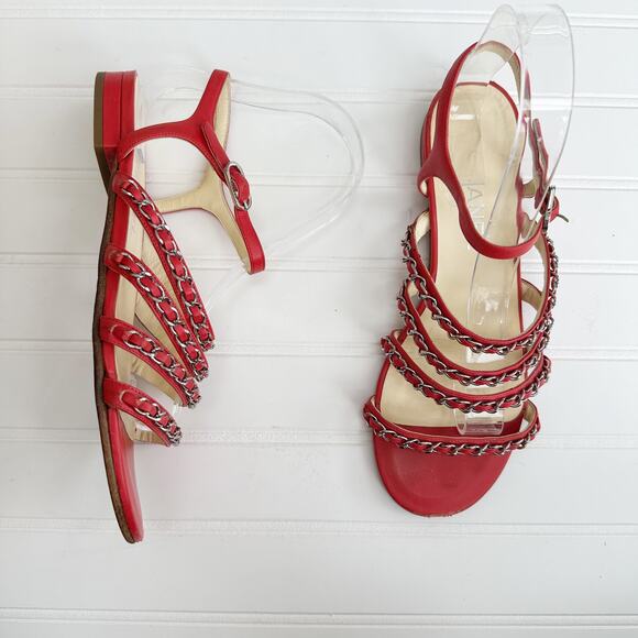 Chanel Red Leather CC Chain Sandals Four Strap Ankle Gladiator 38 - Picture 13 of 14
